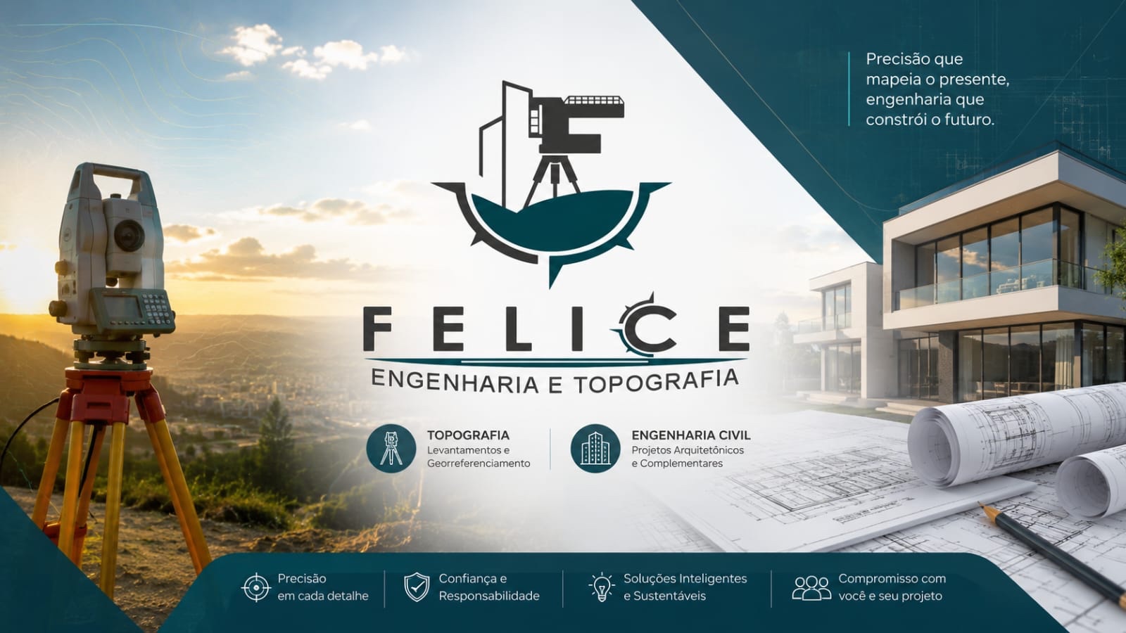 Composição institucional da Felice com estação total, projeto arquitetônico e edifício residencial